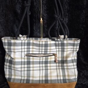 Farmhouse Is My Style Plaid Canvas Tote Bag Leather Bottom Rustic Country Chic